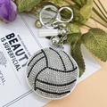 Sparkling white rhinestone volleyball keychain with white leather tassel and silver clip - White (Black Line)