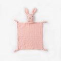 Pink cotton muslin baby security blanket with rabbit doll head and knotted corners - Pink Rabbit