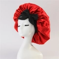 Red satin bonnet for hair protection with black bow detail on a white mannequin head - Medium Single Layer Black Cross Ribbon / Red