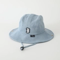 Detail of light blue denim bucket hat with embroidered B patch and adjustable wind rope - 52cm (2-5 Years) / Letter B - Light Blue
