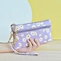 Purple floral minimalist long wallet with white daisy print and dual zipper closure - Purple