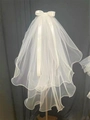 White double-layered bridal veil featuring a silk ribbon bow and curled edge design - 2 Layers 40-60cm / Pure White without Pearls