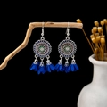 Bohemian silver mandala stud earrings featuring blue fabric tassels and enamel detail - E5938-2 Blue Cloth Tassel