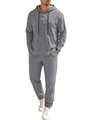 Men's grey linen-blend long sleeve hooded set with drawstring pants for casual wear - Gray