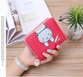 Cute red short wallet for women featuring a cartoon cat print and heart zipper puller - Rose Red