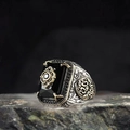 Vintage gothic men's ring with large black gemstone and gold floral engraving detail - J080-1 Black / Size 7