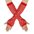 Red fishnet arm sleeves with sparkling rhinestones and fingerless design for parties - Fingerless Rhinestone / Red