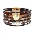 Multilayer leather wrap bracelet with leopard print, golden beads, pearls and magnetic clasp - Coffee Leopard