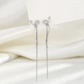 Silver long tassel earrings with rose design and sparkling cubic zirconia stones - Flower Wave Earrings