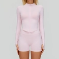 Ensemble de yoga rose sans couture avec haut zippé et short taille haute en maille côtelée - S / Haut Et Bas / Ensemble deux pièces / Rose Sakura