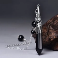 Hexagonal black natural stone pendant with vintage silver engraving and beaded chain - Silver Black Agate