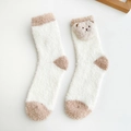 Pluche koraalfleece sokken in wit en bruin met een schattig 3D-beertje versiering - Eén maat / Camel Manchet - Kleurblok - Lichte Beer