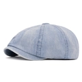 Light blue washed denim newsboy cap featuring vintage panelled style and flat top - Light Blue