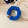 Blue plush faux fur hair tie with a brown handmade leather label for ponytails - Blue Smiley Letter (13#)