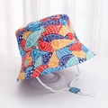 Detail of children's sun hat with colorful fish pattern and adjustable white chin strap - Colorful Fish Shoal