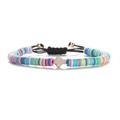Detail of 6mm colorful polymer clay beads with a white cross on an adjustable woven bracelet - Woven Style / Color 9