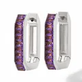 Silver rectangular hoop earrings featuring a vertical row of purple zircon stones - Silver + Purple (PDE888)