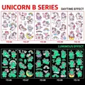 Luminous unicorn tattoo stickers for kids showing day colors and green glow effect - Luminous Unicorn Series B