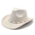 Detailed macro view of beige suede cowboy hat crown with heart bead decorative band - M (56-58cm) / Beige Suede