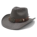 Dark grey woven cowboy straw hat featuring vintage bull head leather band decoration - M(56-58cm) / Black and Gray