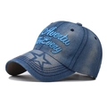 Detail der blauen Denim-Baseballkappe mit 3D-Stickerei und Stern auf dem Schirm - Himmelblauer Buchstabe Denim Hut