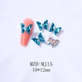 Sparkling blue 3D crystal butterfly nail art charm with pointed back in 10x12mm size - MJ15 Peacock Blue