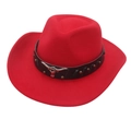 Detail of red wool felt cowboy hat with leather band and silver bull head metal emblem - Adult (56-60cm) / Red (Bull Head + Black Band)