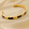 Retro 18K gold plated stainless steel open bangle with black enamel and zircon accents - Gold Black Enamel