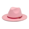 Close-up of pink wool fedora hat with fuchsia belt strap and golden metal buckle detail - M(56-58cm) / Pink