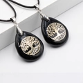 Tree of Life teardrop pendant necklace with black natural stone on woven cord - Black Agate With Black Braided Rope