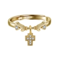 Polished S925 sterling silver open ring with adjustable gold band and cross zircon charm - Gold Rhinestone Cross Pendant Ring (SR337-14K)