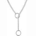 Macro detail of silver stainless steel Y-shaped necklace with dual metal rings and fine chain - Silver Circle / 60CM