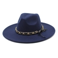 Navy blue wool wide brim fedora hat with gold chain and black bow decoration - M (56-58cm) / Navy Blue