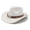 Detail of white suede cowboy hat featuring brown leather band and ornate metal buckle - M (56-59cm) / Cream