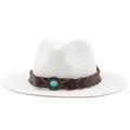 Detailed view of white straw hat with brown leather band and turquoise stone accent - M (56-58cm) / White