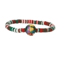Bracelet de Noël perlé avec disques en argile rouge vert blanc et perle centrale fleurie - Argile Polymère Canne en Sucre
