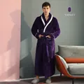Thick flannel men's dark violet bathrobe with white contrast piping and large pockets - Purple Men