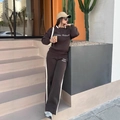 Classic dark brown polo collar sweatshirt and matching wide-leg pants with white stripes - S / Chocolate Brown/White Stripe