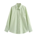 Detail of light green vertical striped shirt featuring a single breast pocket and collar - XS / Green