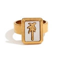 18K gold plated stainless steel square ring featuring a palm tree on white shell inlay - Summer Coconut Tree Square Ring White