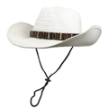 Detail of white straw cowboy hat with shell decorative band and adjustable chin strap - Pure White