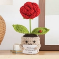 Handmade knitted red rose pot with smiling face and Thank You card desk decor - Beige Pot - Red Rose