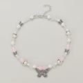 Y2K gothic butterfly pendant necklace with pink pearls and star beads for girls - Pink Butterfly