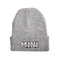 Close-up of gray knit beanie with 3D MINI letter embroidery on the folded cuff - MINI-Kids Style / Gray