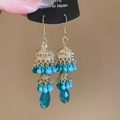 Detailed view of gold flower earrings with turquoise beads and blue teardrop pendant - 15# Hook-Gold-Blue