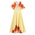 Elegant yellow maxi dress with red floral print, deep V-neck and short puff sleeves - XS / Yellow