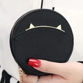 Black round faux leather mini coin purse featuring gold cat ears and zipper - Black