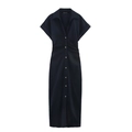 Short sleeve button down black midi shirt dress with pleated waist and lapel collar - S / Black