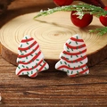 Christmas tree earrings with red stripes and green dots on decorative wooden base - White Red Green Striped