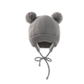 Grey children's knitted hat with double pom-poms and earflaps in variant color - Hat / Gray